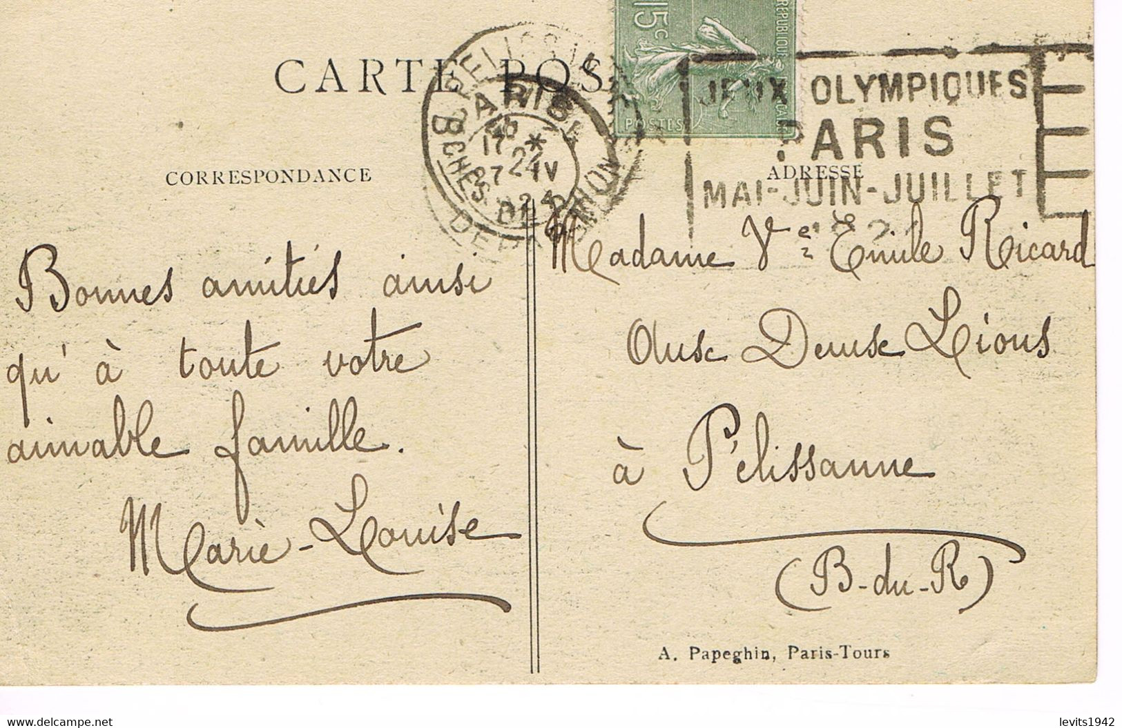 MARQUE POSTALE -  JEUX OLYMPIQUES 1924 - PARIS DEPART - 27-04-1924- Affranchissement 15 C - Semeuse Lignée - - Sommer 1924: Paris