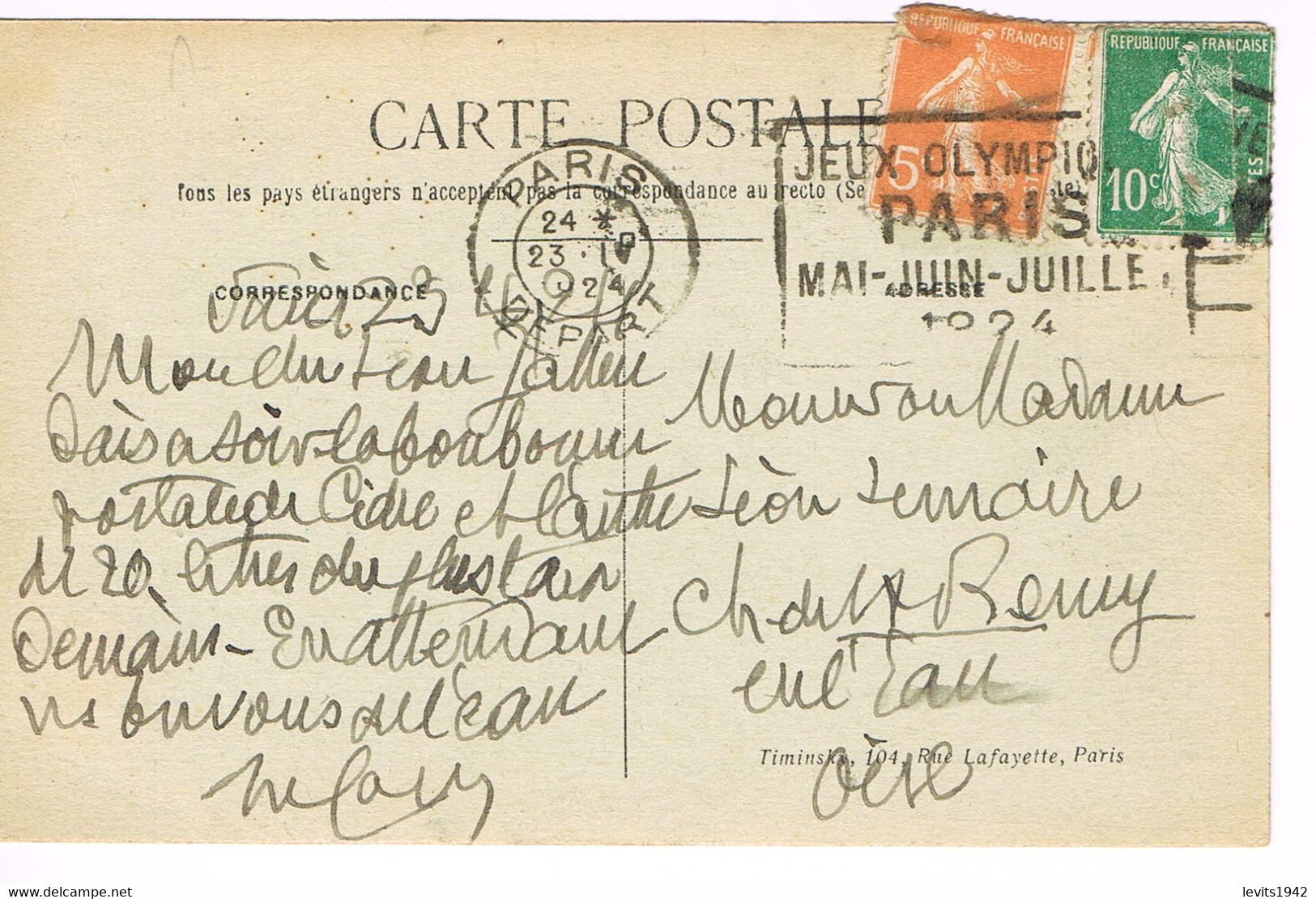 MARQUE POSTALE -  JEUX OLYMPIQUES 1924 - PARIS DEPART - 23-04-1924- Affranchissement 15 C - Semeuse 10 Et 5 Ct - - Verano 1924: Paris