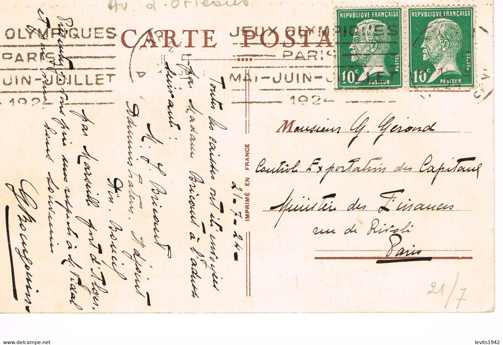 MARQUE POSTALE - JEUX OLYMPIQUES 1924 - AVENUE D'ORLEANS - 21-07-1924- Affranchissement 20 C - Pasteur 10 C X 2  - - Summer 1924: Paris