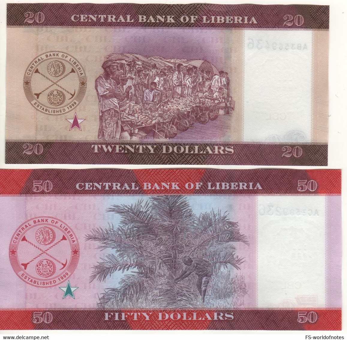 LIBERIA  New 20 & 50 Dollars  New Issue  PW39-W40  Dated  2022   Presidents Vacanarat Shadrach Tubman &Samuel Kayon Doe - Liberia