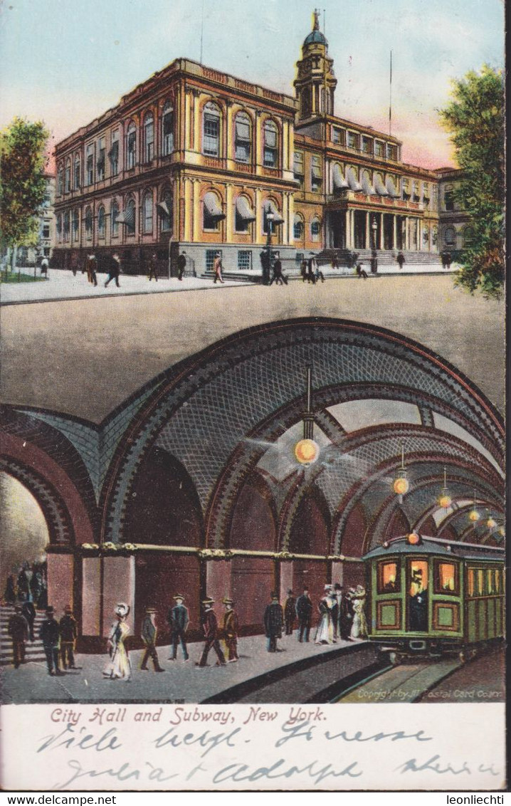 AK. POST CARD, City Hall And Subway, New York, Gel. 1907 - Piazze