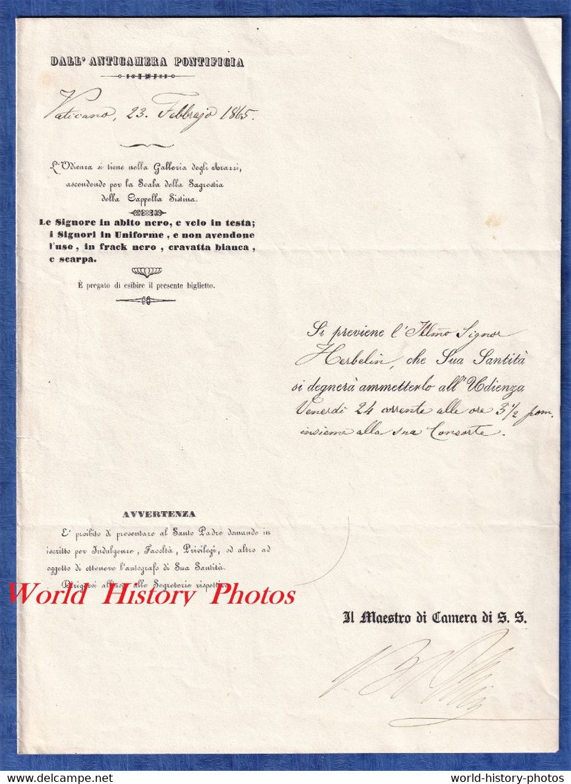 Lettre Ancienne De 1865 - VATICANO - Anticamera Pontificia - Sua Santita Si Degnera Ammetterlo All Udienza - Roma - ...-1929 Prephilately