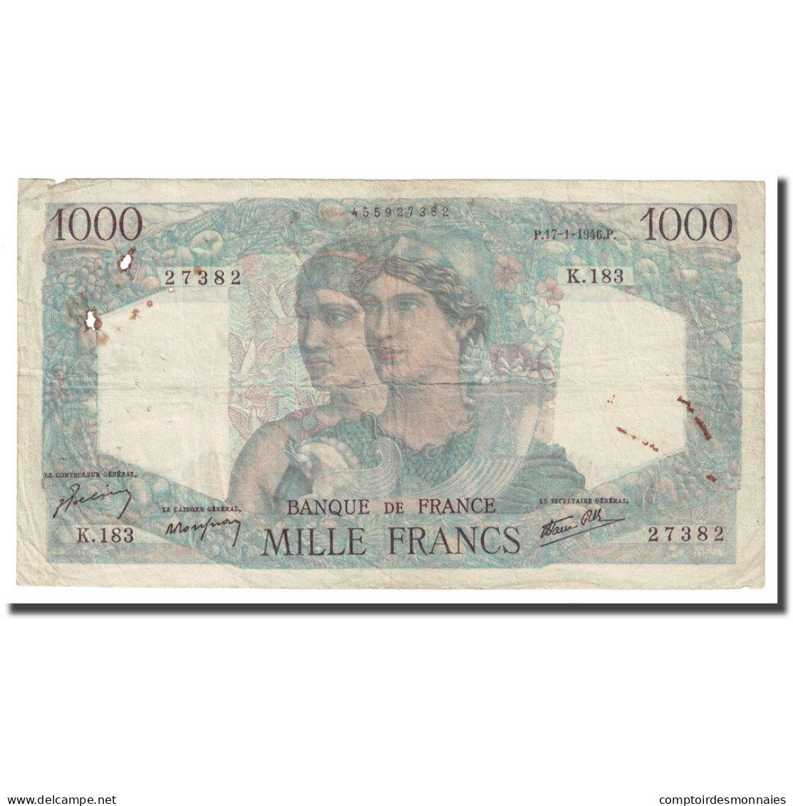 France, 1000 Francs, 1946, 1946-01-17, TB+, Fayette:41.10, KM:130a - 1 000 F 1945-1950 ''Minerve Et Hercule''