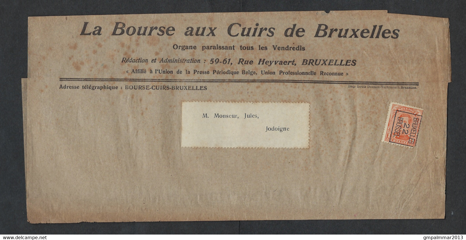 Wikkel Met Reclame Van La Bourse Aux Cuirs De Bruxelles Met TYPO Zegel KONING ALBERT I ; Zie 2 Scans ! LOT 305 - Typos 1922-26 (Albert I)