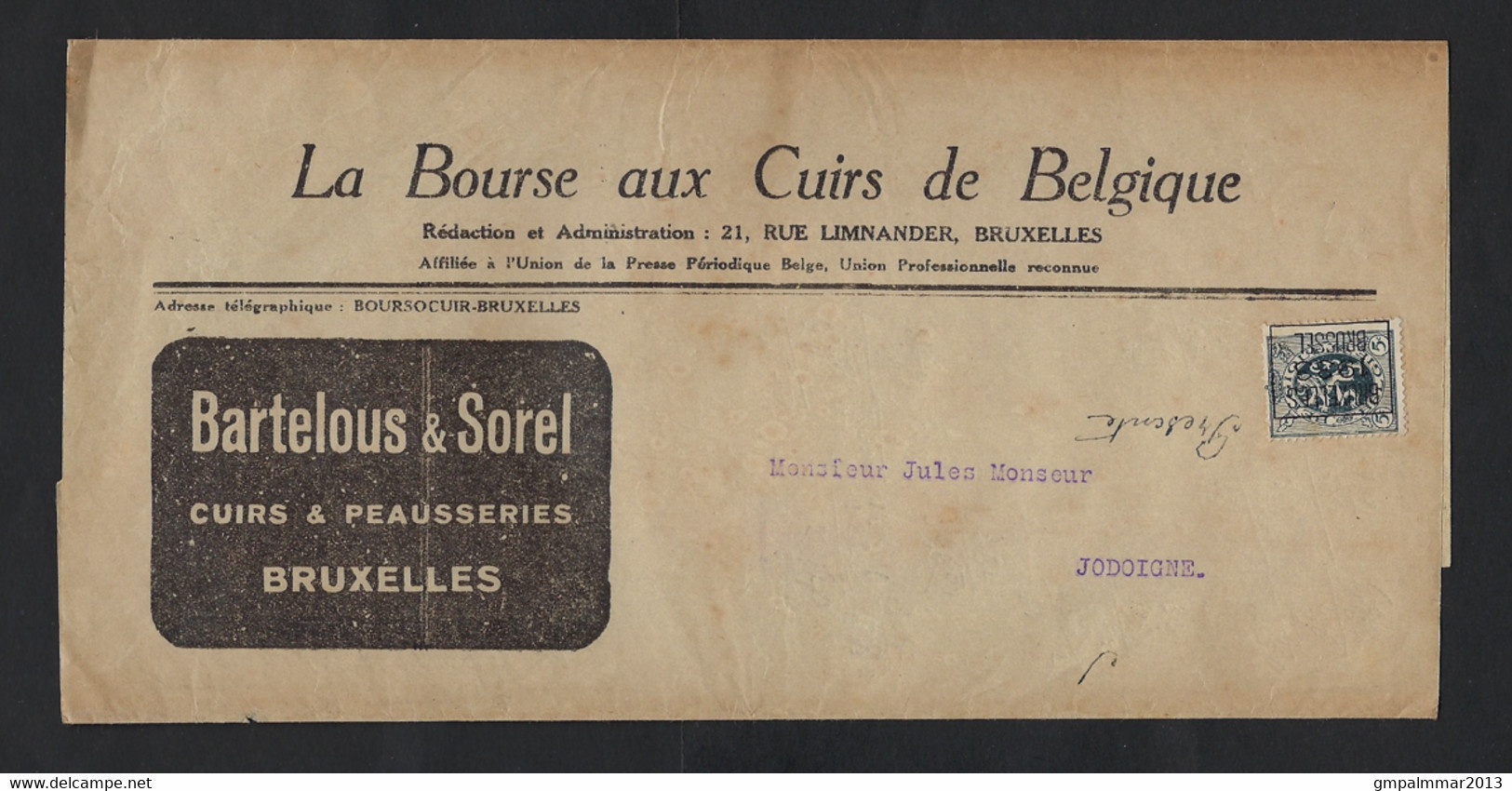 Wikkel Met Reclame Van La Bourse Aux Cuirs De Bruxelles Met TYPO Zegel HERALDIEKE LEEUW ; Zie 2 Scans ! LOT 305 - Typografisch 1929-37 (Heraldieke Leeuw)