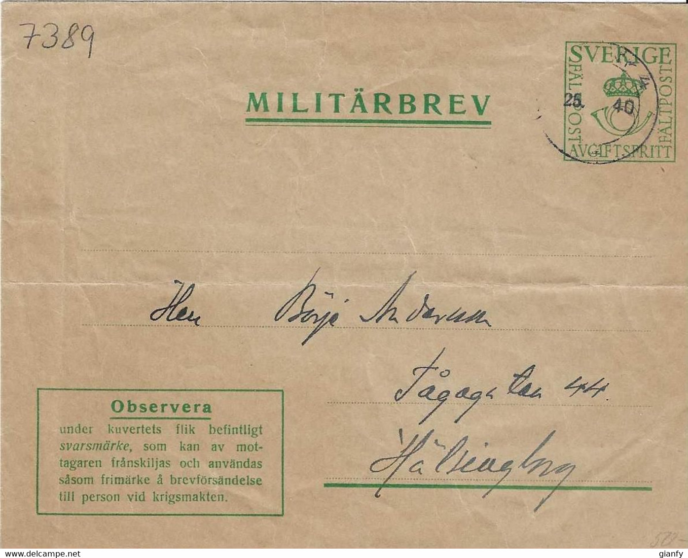 SVERIGE MILITARBREV WWII MILITARY ARMY COVER 25.1.1940 To HELSINGBORG SWEDEN - Militari