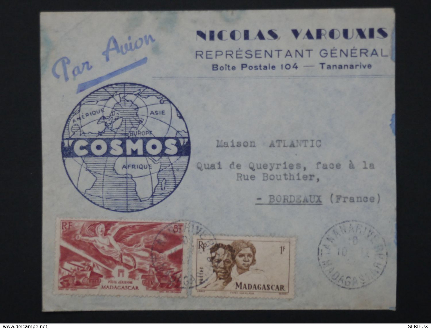 R32 MADAGASCAR   BELLE LETTRE COSMOS   1947 TANANARIVE A BORDEAUX  FRANCE +++AFF. INTERESSANT +++ - Luftpost