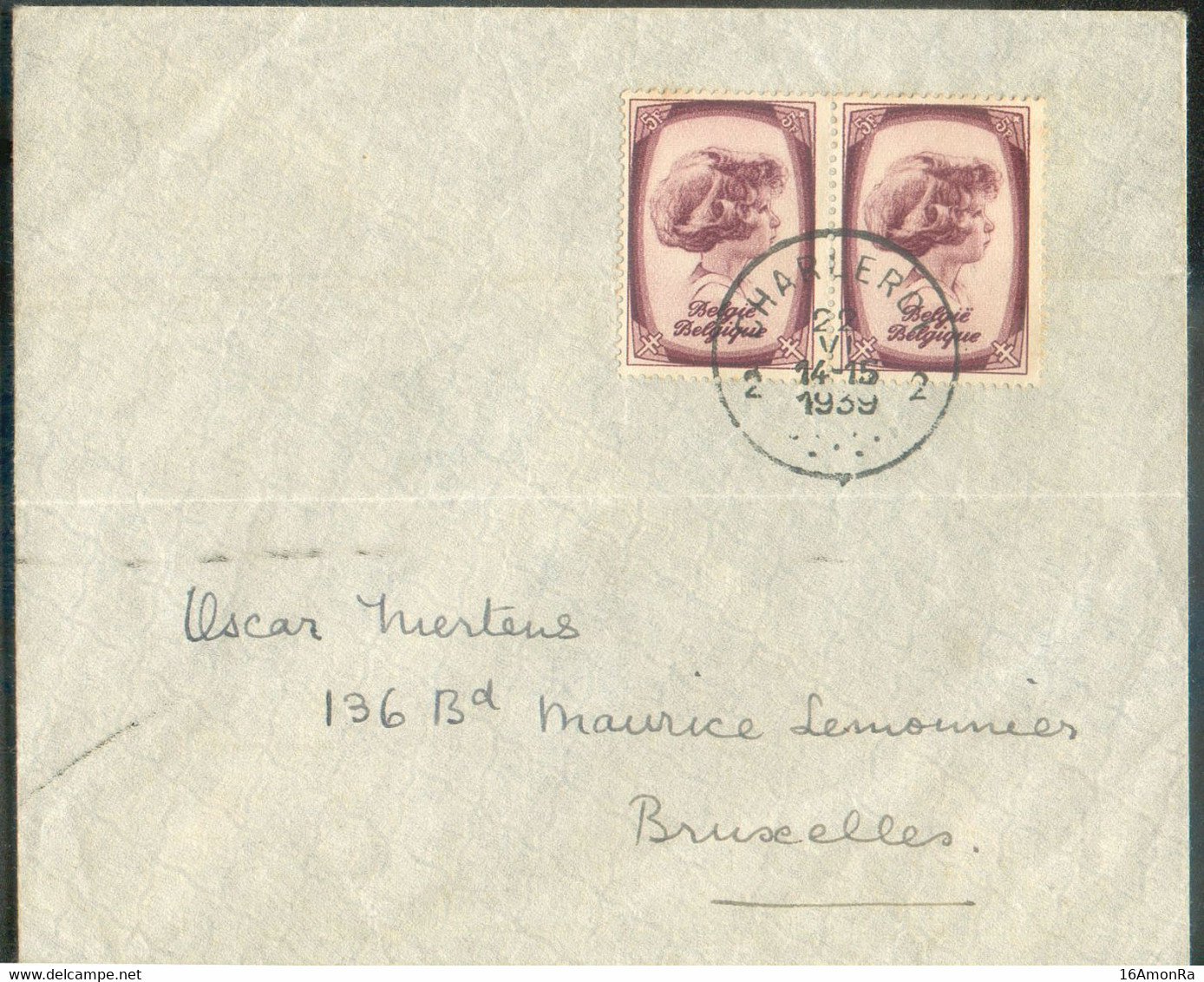 N°495(2) - 5Fr. PRINCE ALBERT (paire) Obl. Sc CHARLEROI 2 sur Enveloppe Du 22-VI-1939 Vers Bruxelles. - TB - 20425 - Covers & Documents