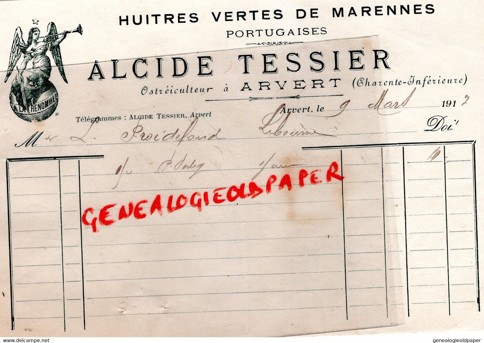 17- ARVERT- RARE FACTURE ALCIDE TESSIER- HUITRES DE MARENNES PORTUGAISES-PORTUGAL-OSTREICULTURE OSTREICULTEUR-1917 - Lebensmittel