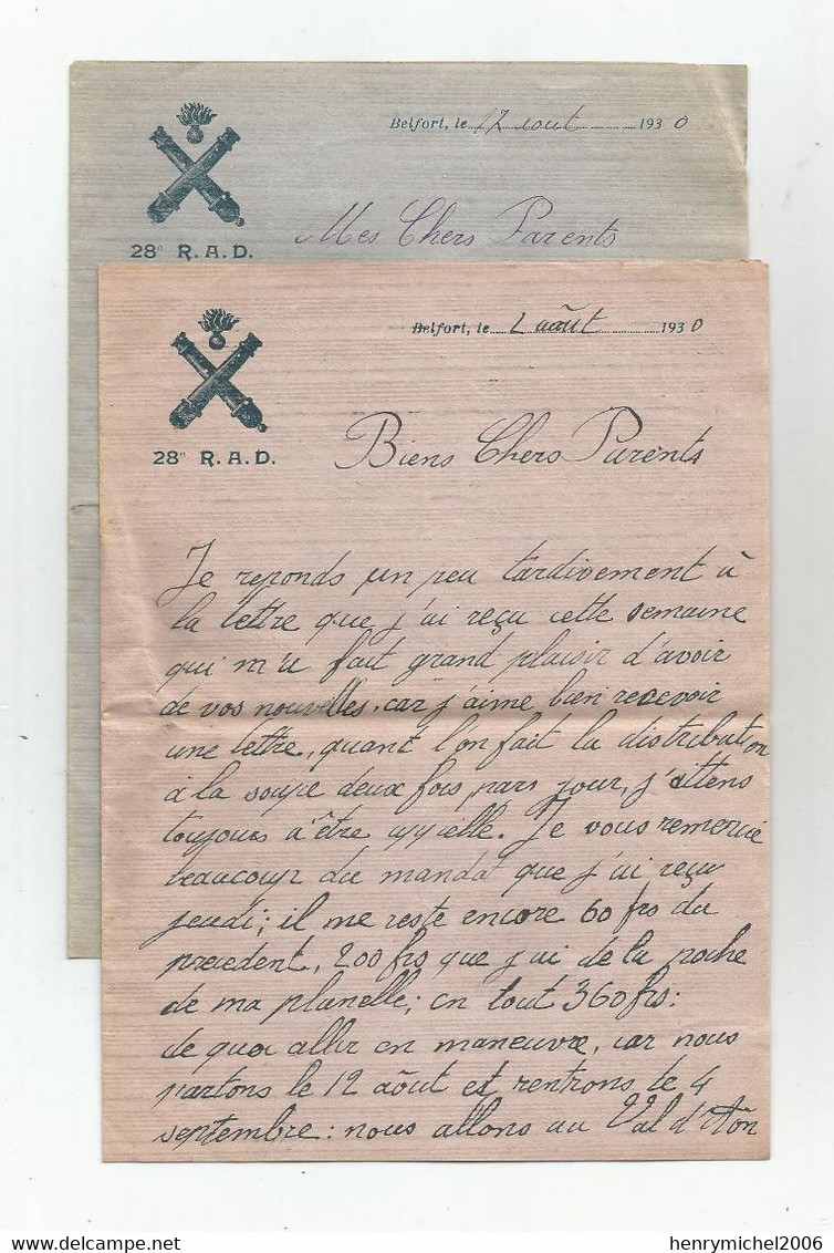 Militaria Lot 2 Courriers Lettres Du Regiment  28 Rad De Belbort 1930 Avec Entete Blason - Documents