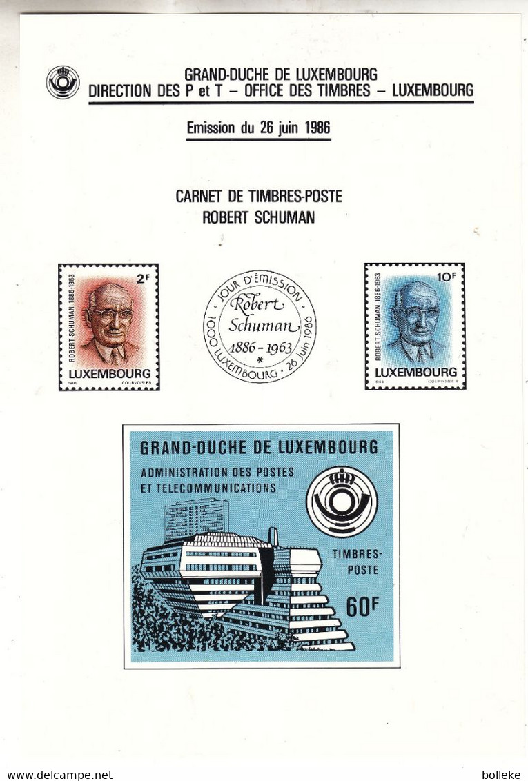 Luxembourg - Lettre FDC De 1986 ° - GF - Oblit Luxembourg  - Timbres Du Carnet - Robert Schuman - Cartas & Documentos