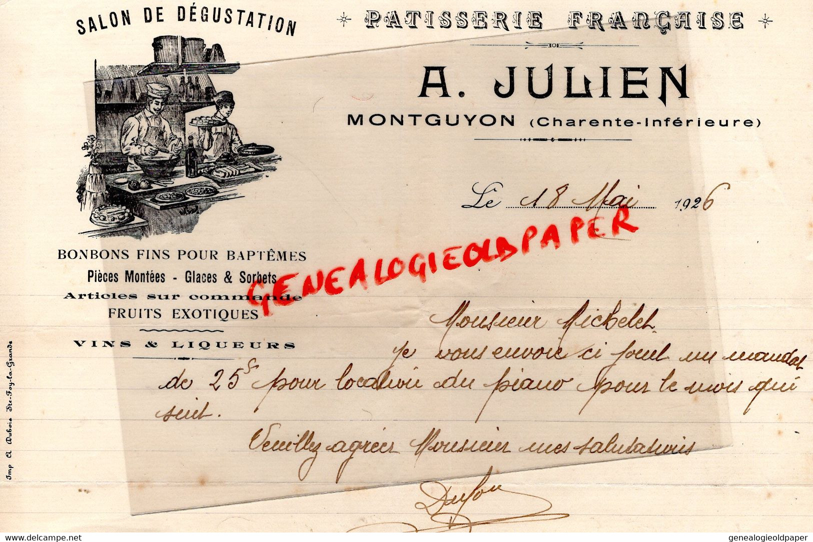 17- MONTGUYON- RARE LETTRE A. JULIEN-PATISSERIE FRANCAISE-BONBONS POUR BAPTEMES-1926 PATISSIER - Alimentos