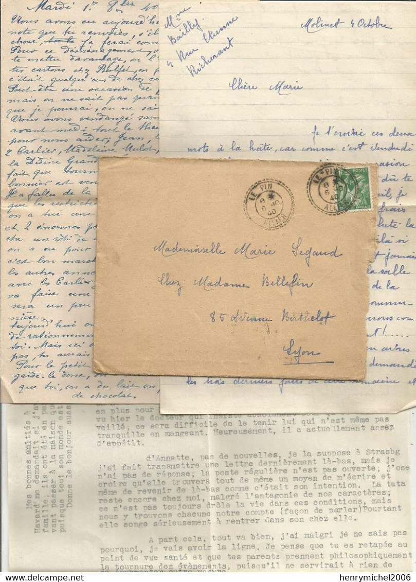 Militaria Lettre Avec Courriers Cachet Le Pin 03 Allier Du 6/10/1940 Pour Lyon , Document Instructif Dans La Lecture - 1939-45