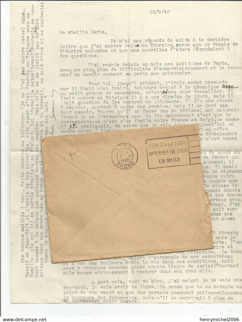 Militaria Lettre Avec Courriers Cachet Le Pin 03 Allier Du 6/10/1940 Pour Lyon , Document Instructif Dans La Lecture - 1939-45