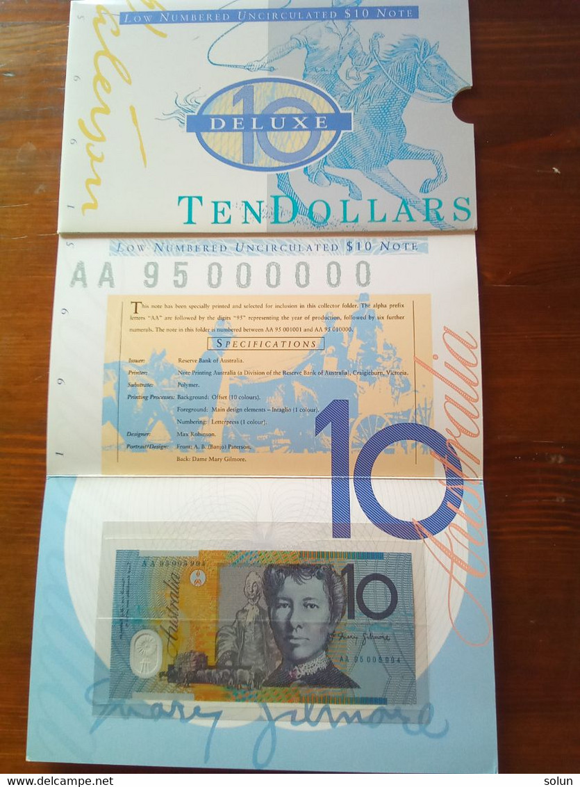 AUSTRALIA  10 TEN DOLLARS DE LUX  FOLDER 1995 LOW NUMBERED UNCIRCOLATED $ NOTE AA PREFIX - 1992-2001 (polymère)