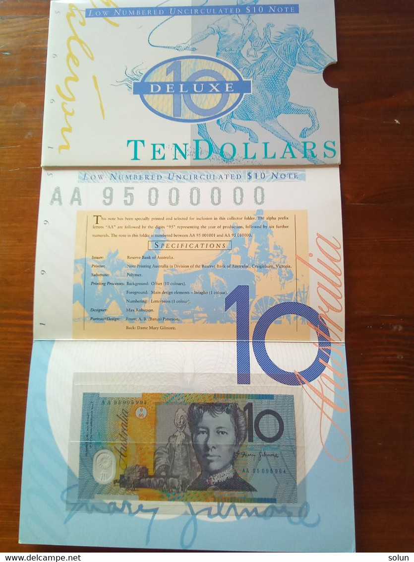 AUSTRALIA  10 TEN DOLLARS DE LUX  FOLDER 1995 LOW NUMBERED UNCIRCOLATED $ NOTE AA PREFIX - 1992-2001 (polymer Notes)