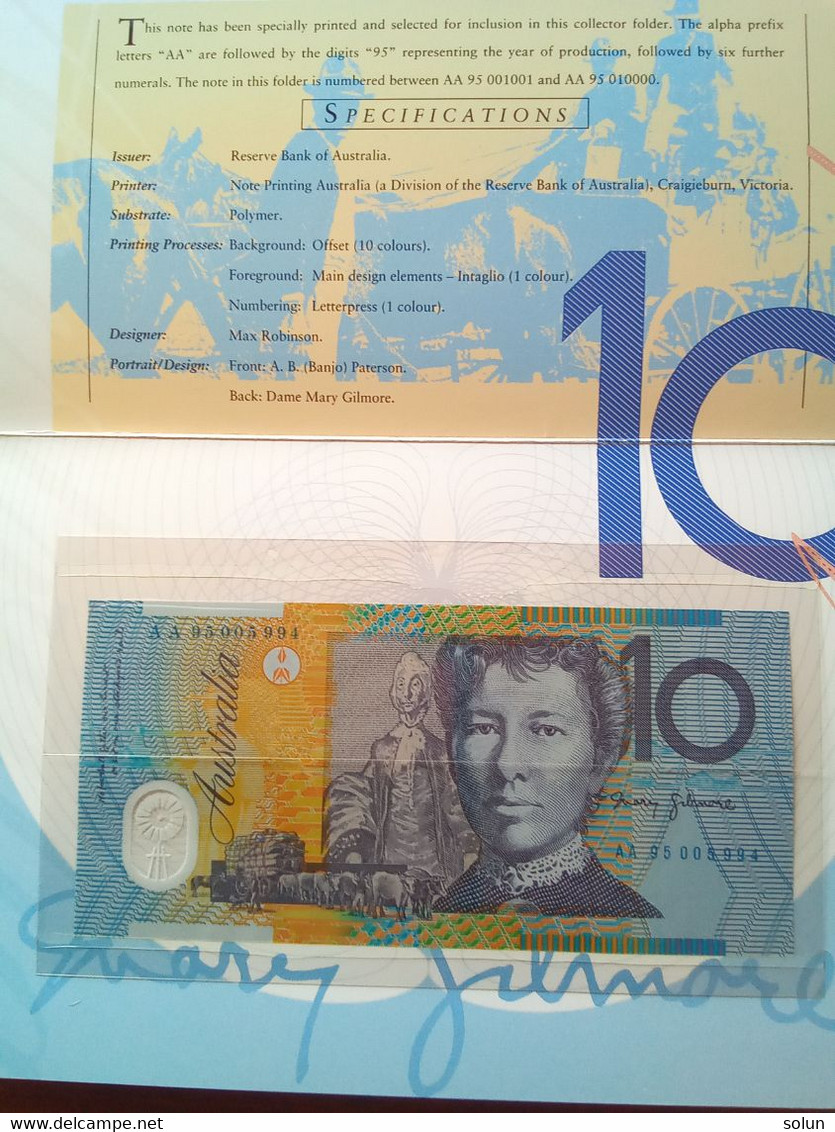 AUSTRALIA  10 TEN DOLLARS DE LUX  FOLDER 1995 LOW NUMBERED UNCIRCOLATED $ NOTE AA PREFIX - 1992-2001 (polymer Notes)