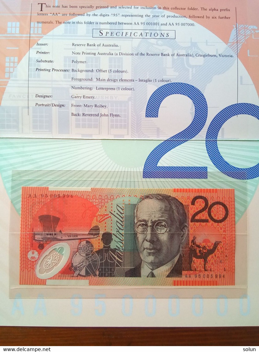 AUSTRALIA  20 TWENTY DOLLARS DE LUX  FOLDER 1995 LOW NUMBERED UNCIRCOLATED $ NOTE AA PREFIX - 1992-2001 (polymère)