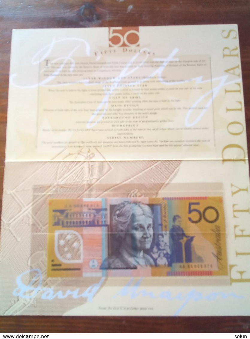 AUSTRALIA  50  FIFTY DOLLARS  FOLDER 1995 LOW NUMBERED UNCIRCOLATED  PREFIX AA - 1992-2001 (polymeerbiljetten)