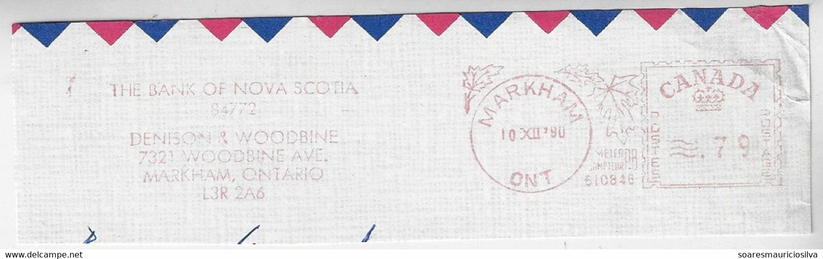 Canada 1990 Fragment Cover Meter Stamp Pitney Bowes 5300 Maple Leaf Ornaments Slogan Bank Of Nova Scotia In Markham - Brieven En Documenten