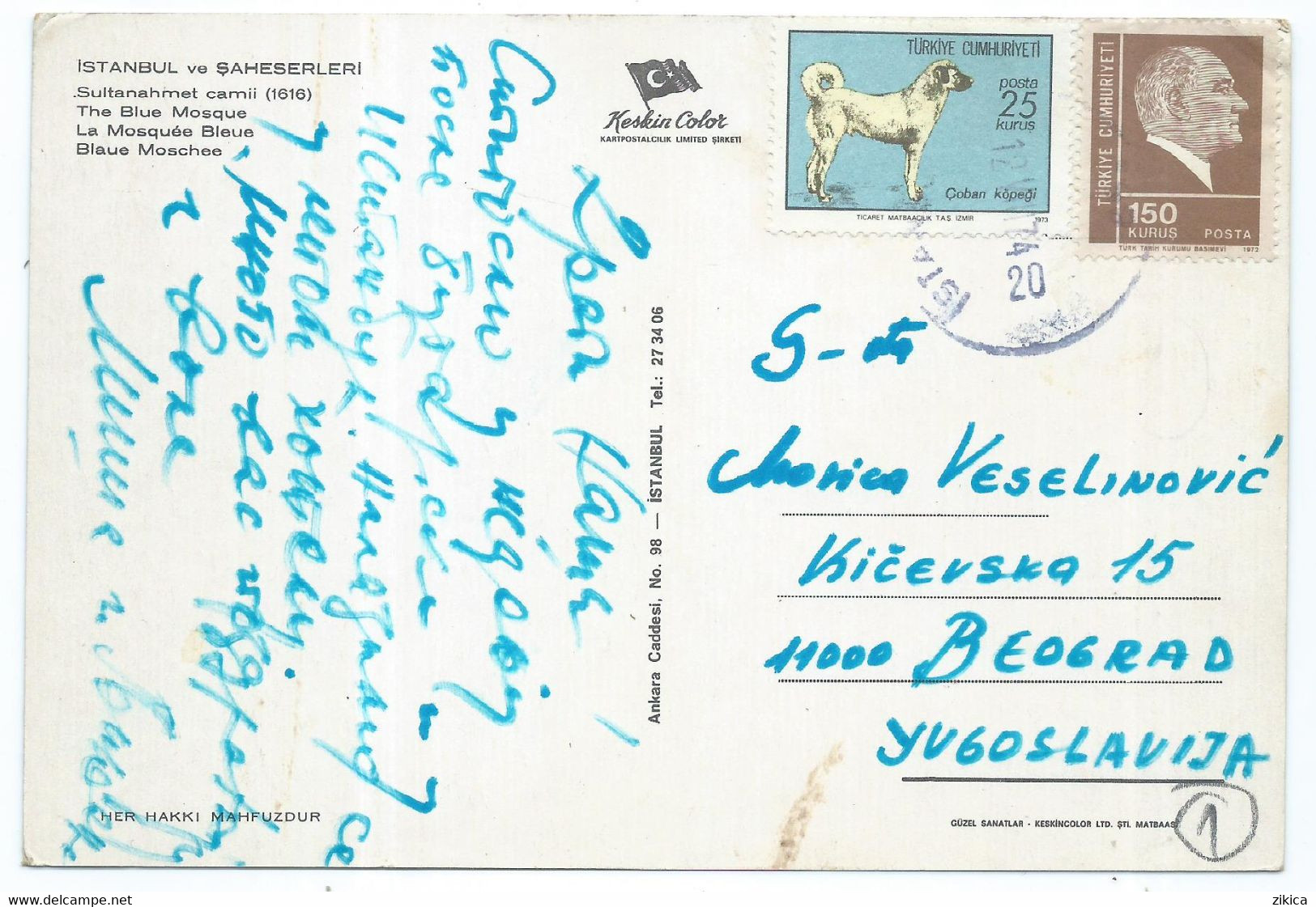 Turkey / TURKIYE -  Postcard Istanbul Mosque Via ,Yugoslavia 1974 Stamp Motive Dogs 1973 - Briefe U. Dokumente
