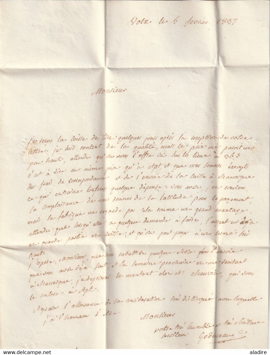 1837 - Grand Cachet Fleurons Simples Sur LAC De VOLX (Alpes De Hte Prov. Auj.) Vers Apt, Vaucluse -  Origine Rurale - 1801-1848: Precursori XIX