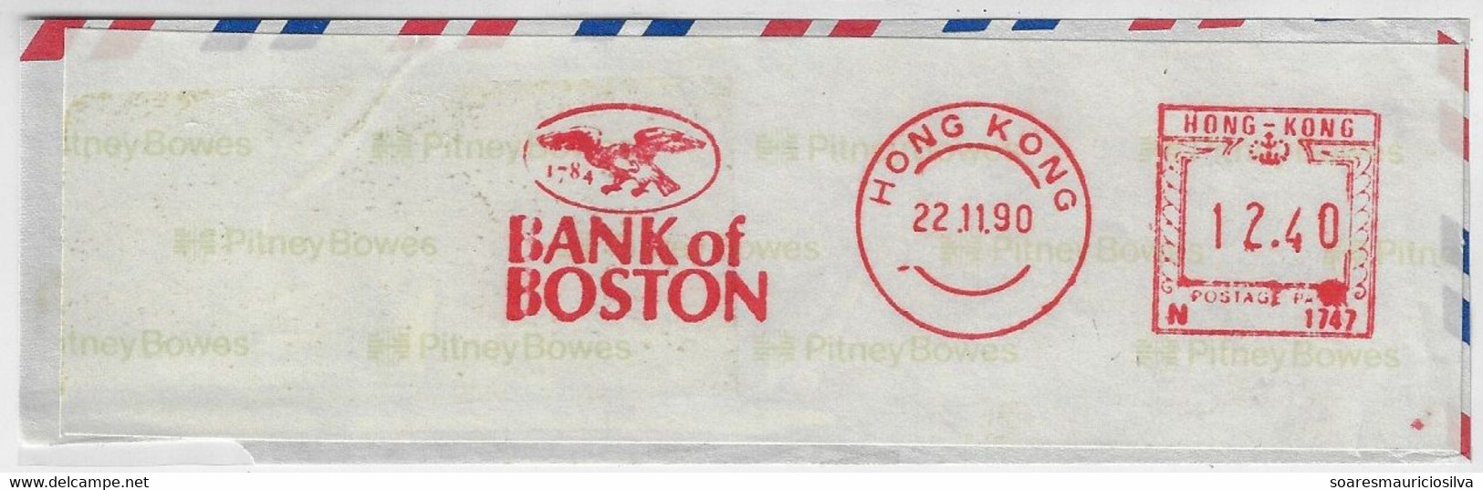 Hong Kong 1990 Cover Fragment Meter Stamp Neopost 205/2205 Label Pitney Bowes Slogan Bank Of Boston Eagle Bird Of Prey - Briefe U. Dokumente