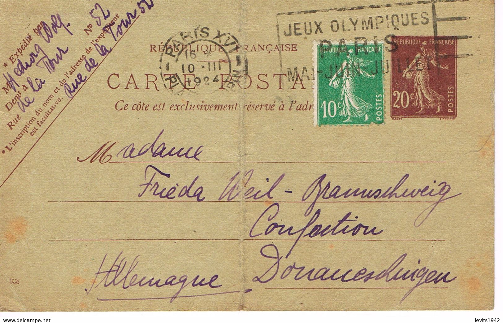 MARQUE POSTALE - JEUX OLYMPIQUES 1924 - PLACE CHOPIN- 10-03-1924 - Affranchissement - 30 C - ENTIER + Semeuse - - Verano 1924: Paris