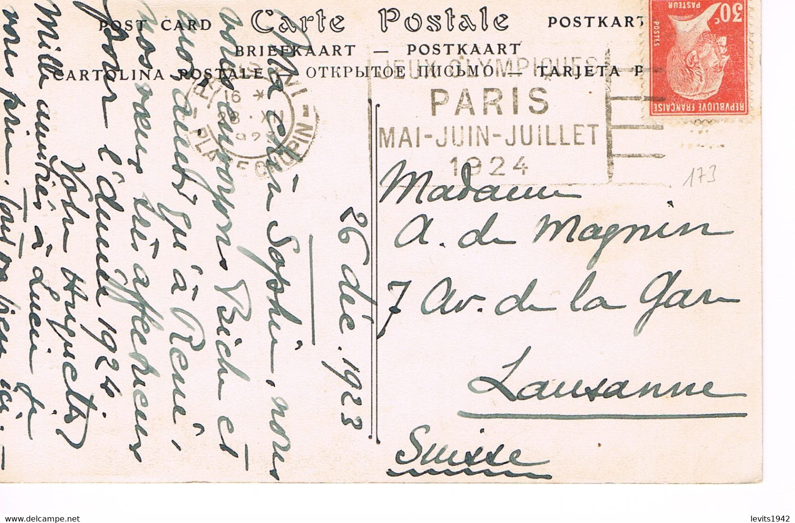 MARQUE POSTALE - JEUX OLYMPIQUES 1924 - PLACE CHOPIN - 26-12-1923 - Affranchissement - 30 C - Pasteur - - Sommer 1924: Paris