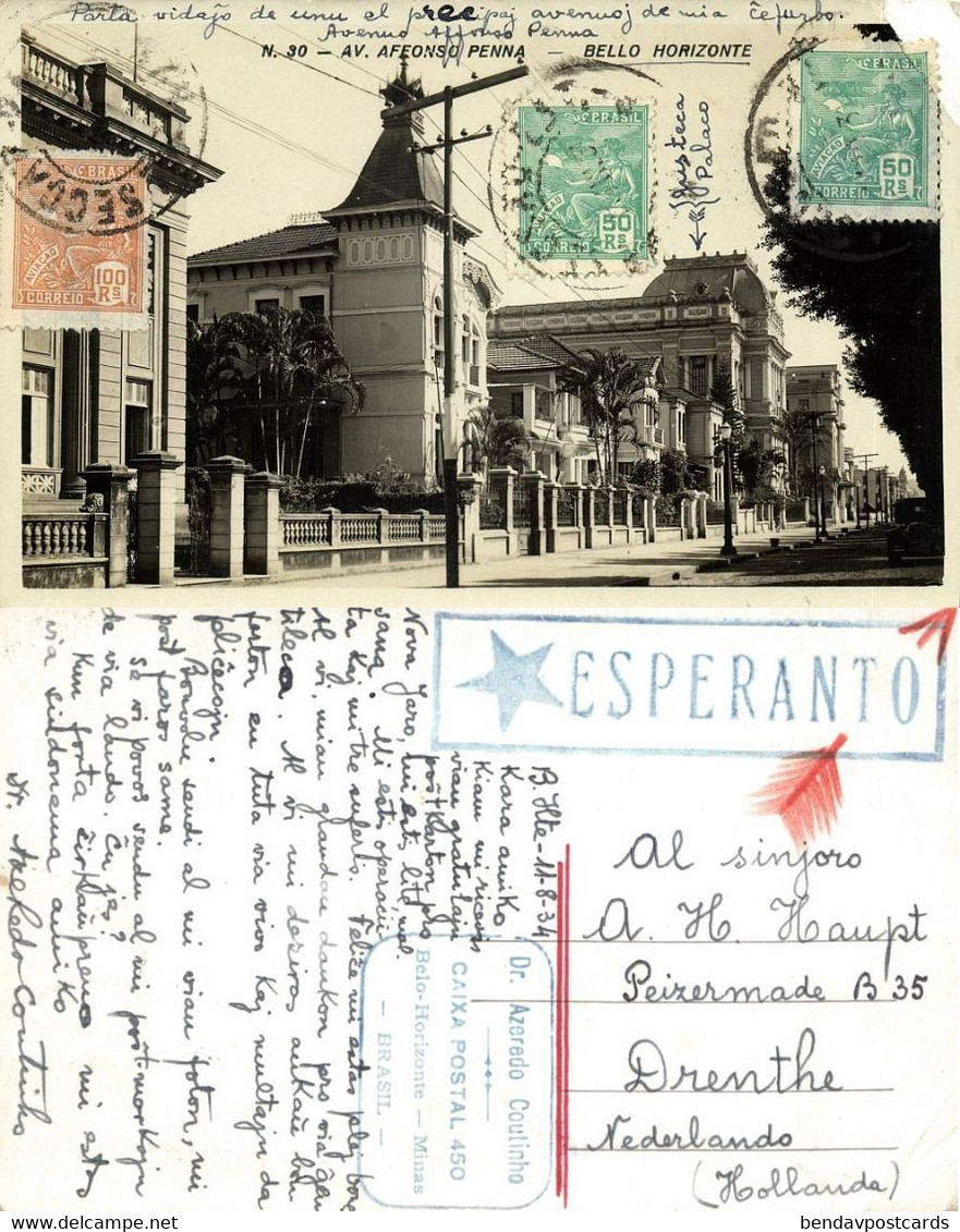 Brazil, BELO HORIZONTE, Av. Afonso Pena (1934) RPPC Postcard Esperanto - Belo Horizonte
