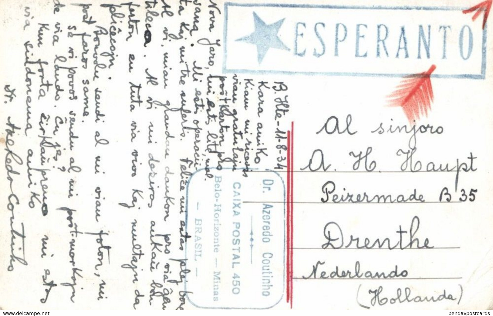 Brazil, BELO HORIZONTE, Av. Afonso Pena (1934) RPPC Postcard Esperanto - Belo Horizonte