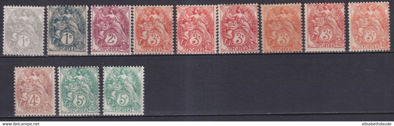 TYPE BLANC - SERIE COMPLETE YVERT N°107/111 * MLH - A ETUDIER ! (TOUS LES TYPES Du 3c Dont ROUGE !) - 1900-29 Blanc