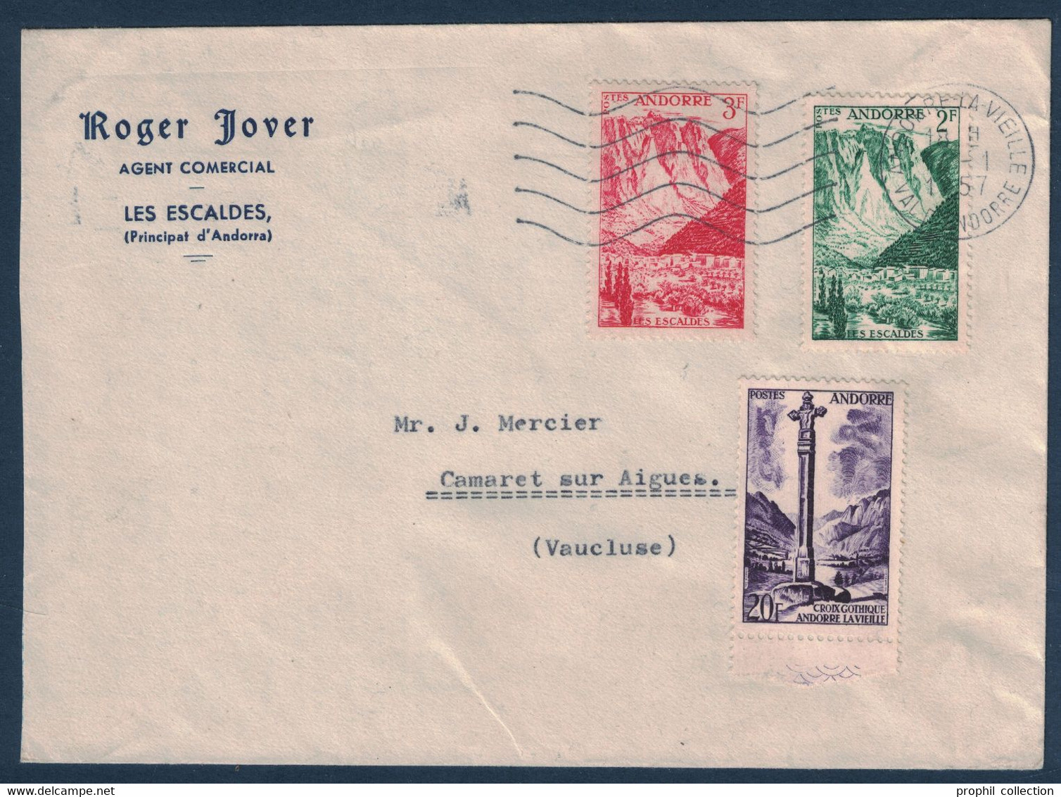 AFFFRANCHISSEMENT À 25F Sur LETTRE OBLITÉRATION ANDORRE LA VIEILLE 1957 ENTETE ROGER JOVER AGENT À LES ESCALDES - Lettres & Documents