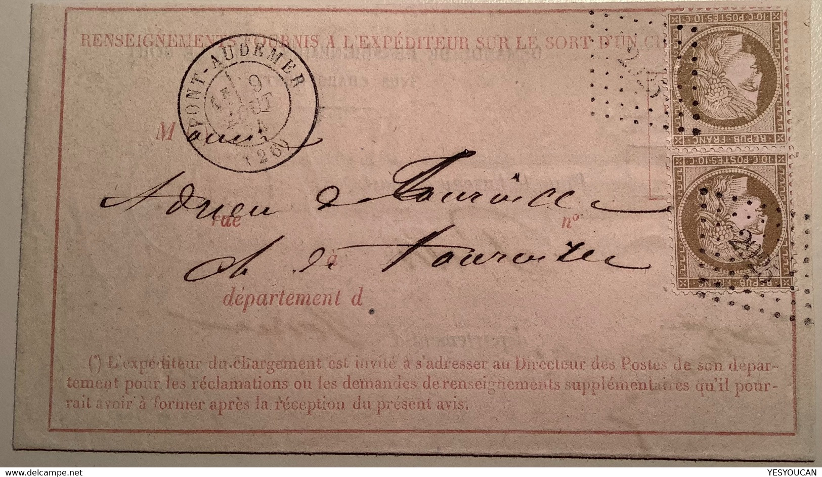 PC Du GC 2925 PONT-AUDEMER 1874(26 Eure)lettre Formulaire Renseignement Sort Chargement PARIS CHARGÉ D’ OFFICE (Cérès - 1849-1876: Période Classique