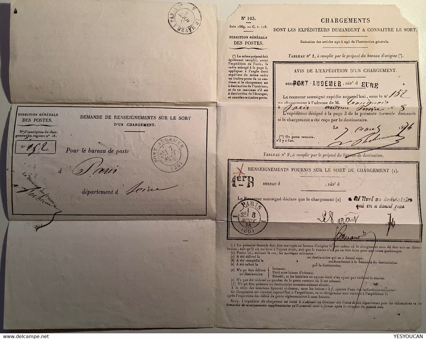 PC Du GC 2925 PONT-AUDEMER 1874(26 Eure)lettre Formulaire Renseignement Sort Chargement PARIS CHARGÉ D’ OFFICE (Cérès - 1849-1876: Période Classique