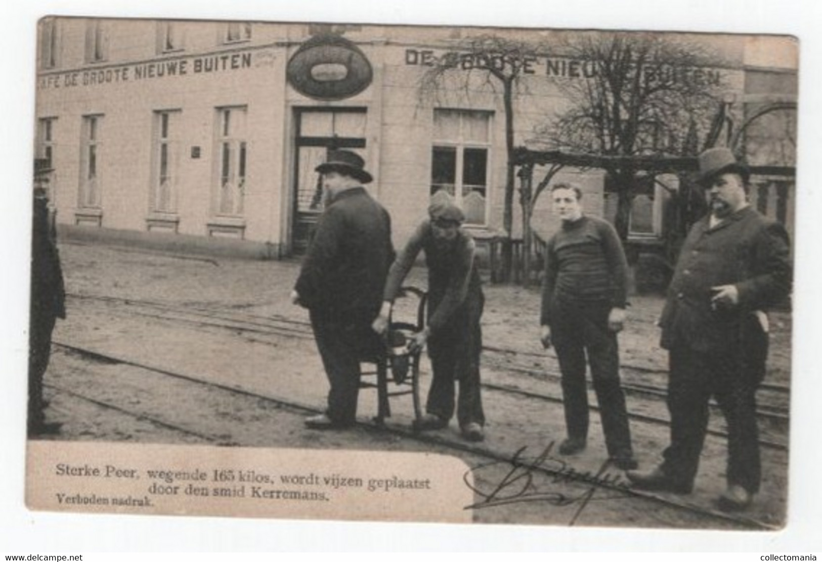 1 Oude Postkaart Wuustwezel  Café De Groote Nieuwe Buiten Weddenschap Sterke Peer Janssen.  1903 Smid Kerremans - Wuustwezel