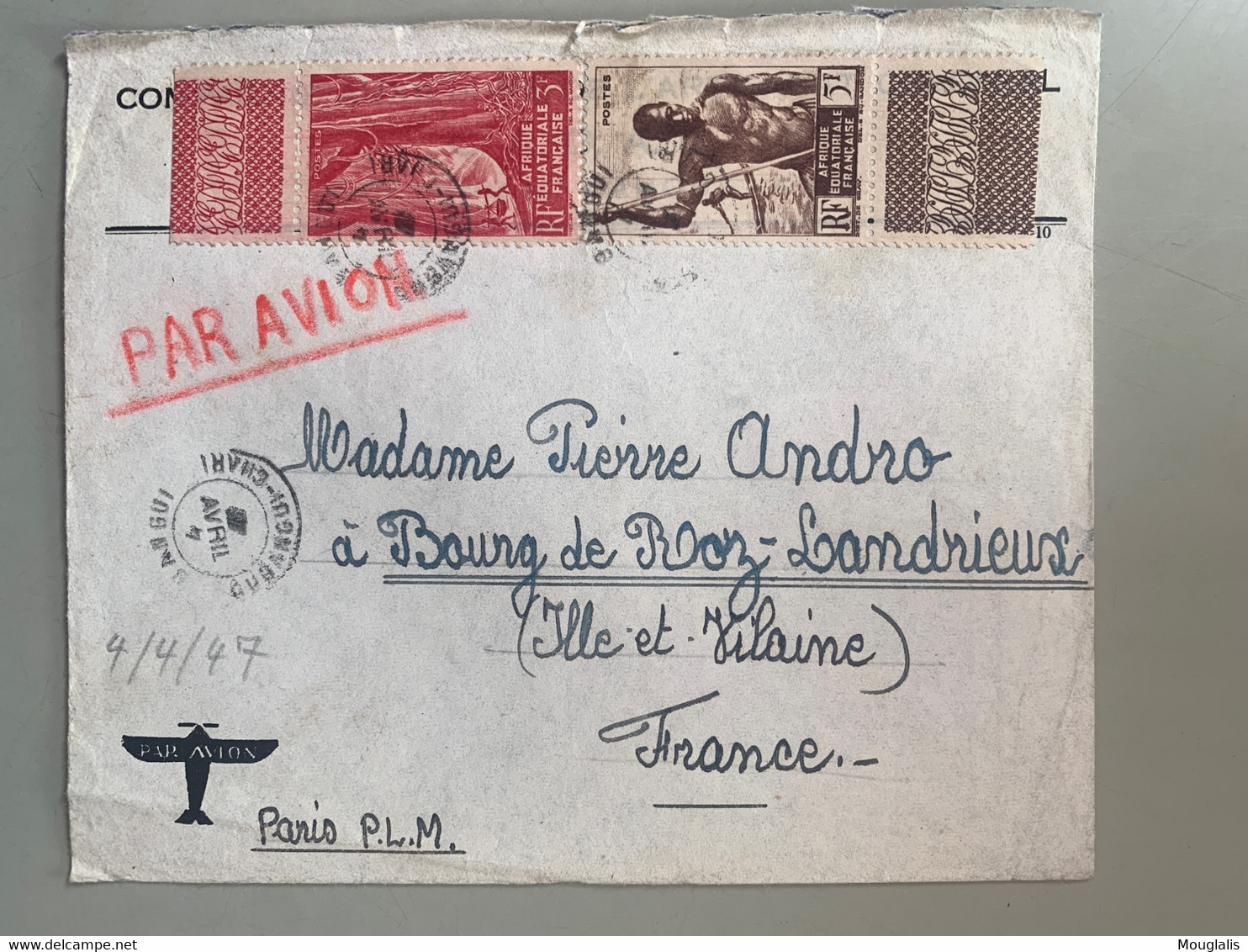 Colonies Enveloppe AEF De Bangui 4 Avril 1947pour Roz Landrieux No 218 Et 221 - Storia Postale