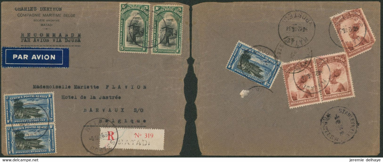 Congo Belge - Affranch. Mixte (PA3 X3, PA4 X2) Par Avion Via Djuba, Recommandé De Matadi > Barvaux (Belgique) - Storia Postale