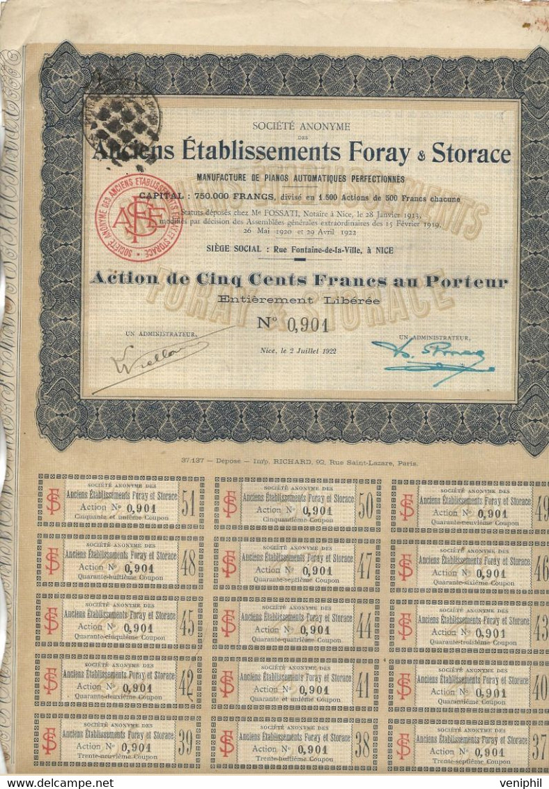 ANCIENS ETABLISSEMENTS FORAY ET STORACE -MANUFACTURE DE PIANOS -NICE -DIVISE EN 1500 ACTIONS DE 500 FRS -ANNEE 1922 - Sonstige & Ohne Zuordnung