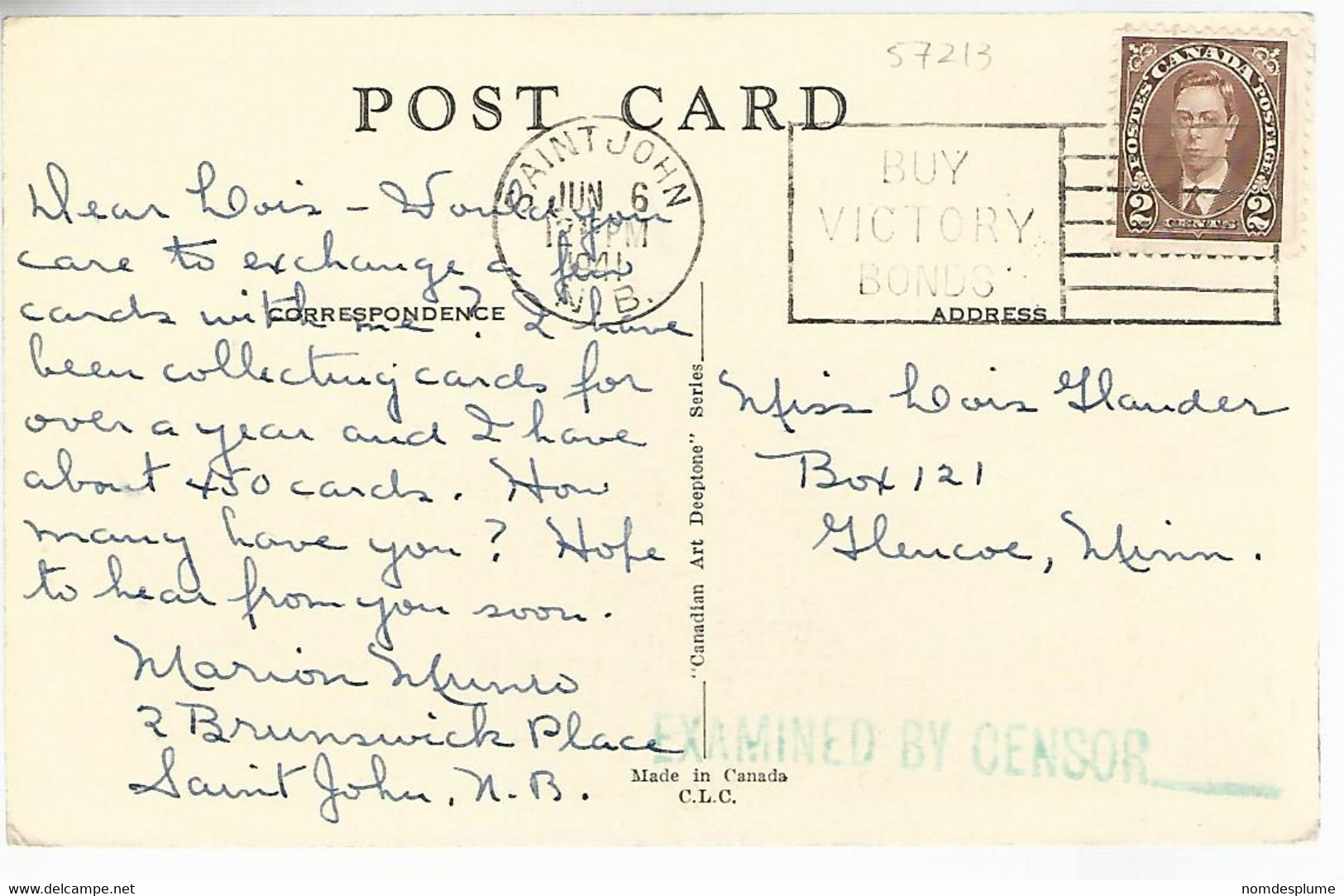 57213) Canada Old Martello Tower St John NB Censor Postmark Cancel 1941 - St. John