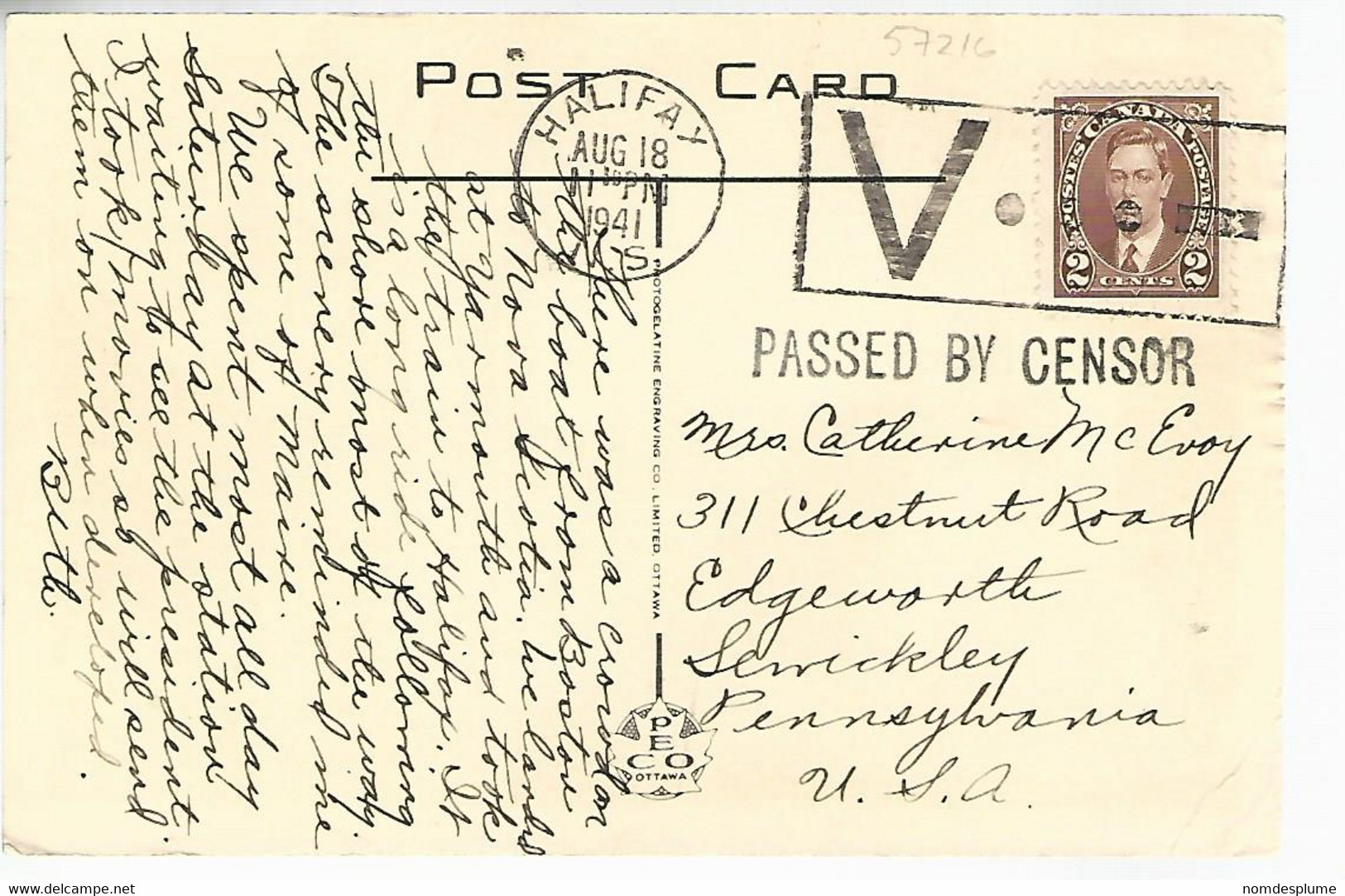 57216) Canada War Memorial City Hall Halifax Censor Postmark Cancel 1941 - Halifax