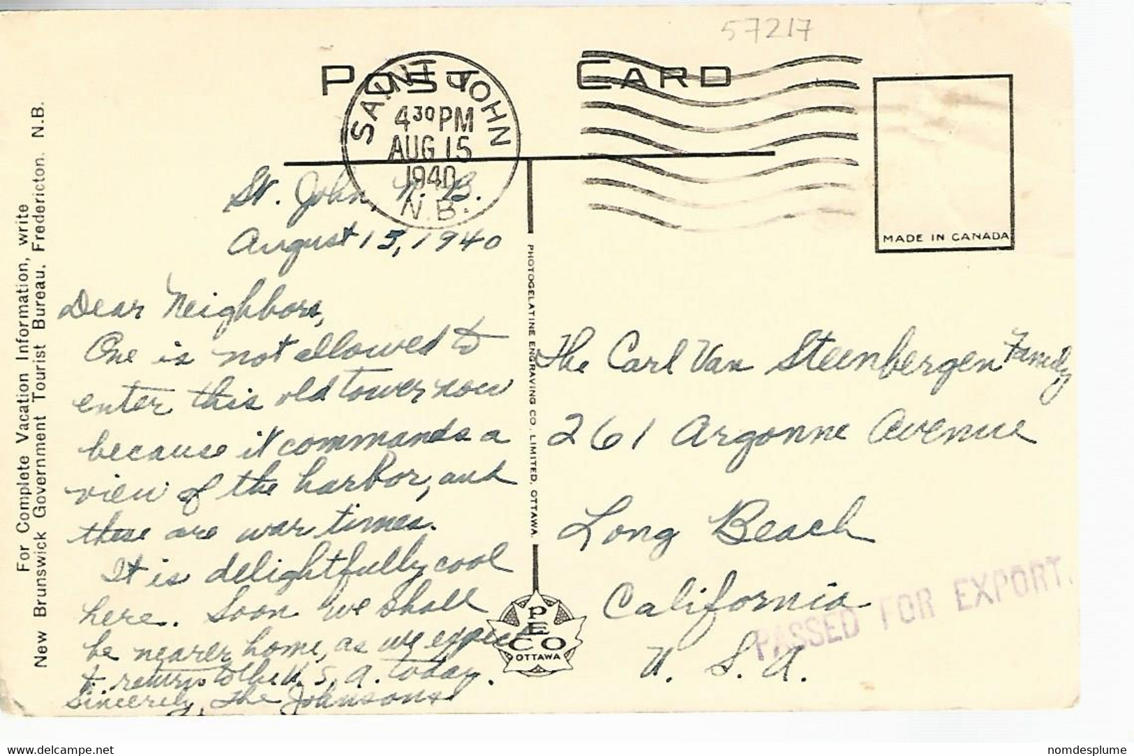 57217) Canada Martello Tower St John NB Censor Postmark Cancel 1940 - St. John