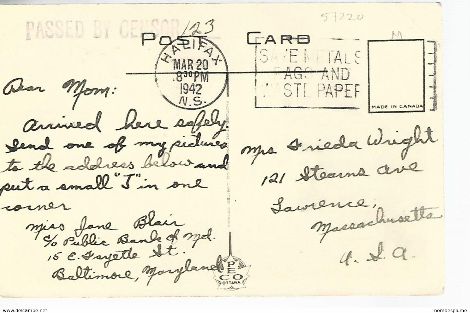 57220) Canada Old Town Clock Citadel Hill Halifax NS Censor Postmark Cancel 1942 - Halifax