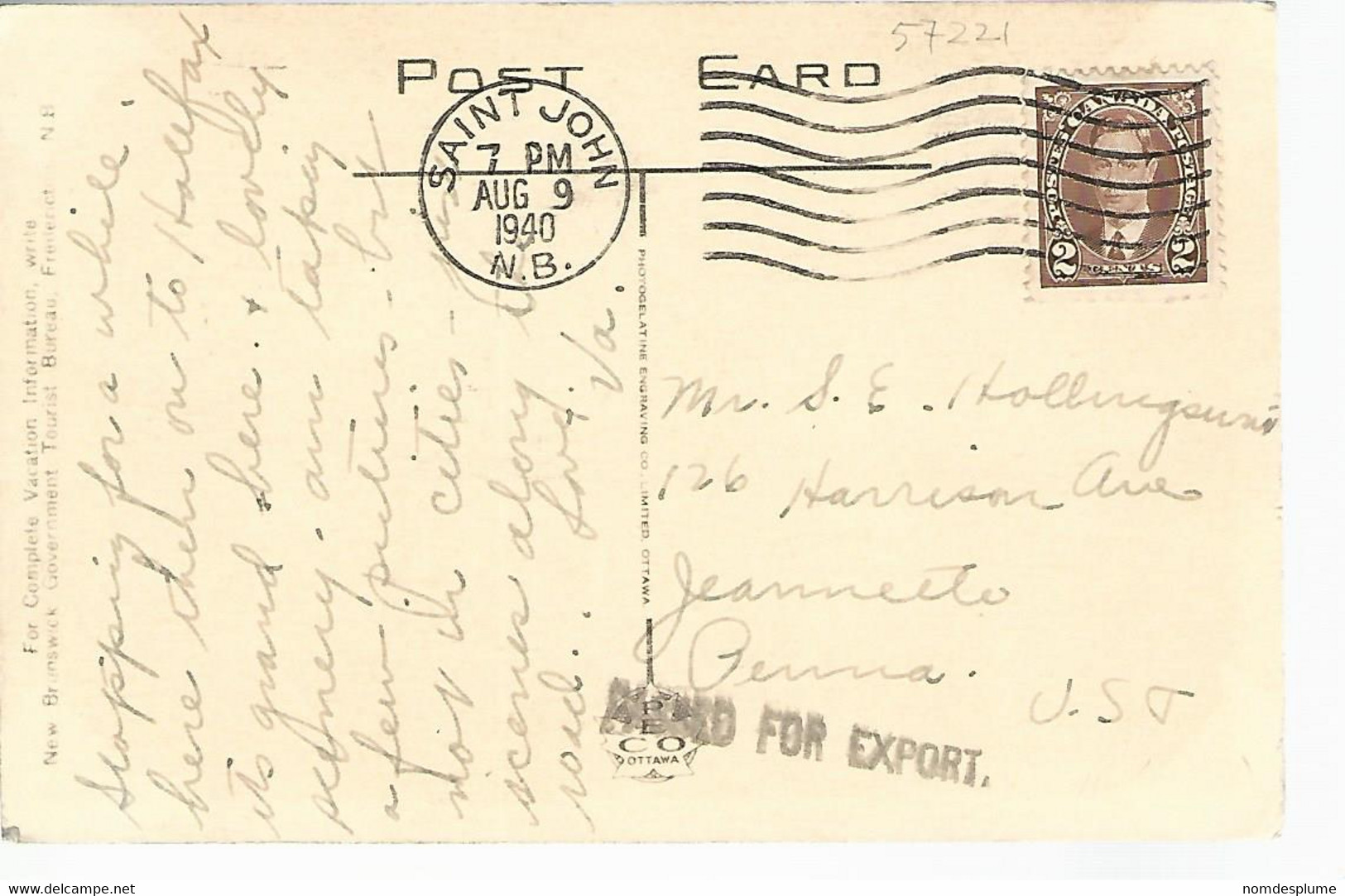 57221) Canada Scenic Route St John River Valley NB Censor Postmark Cancel 1940 - St. John