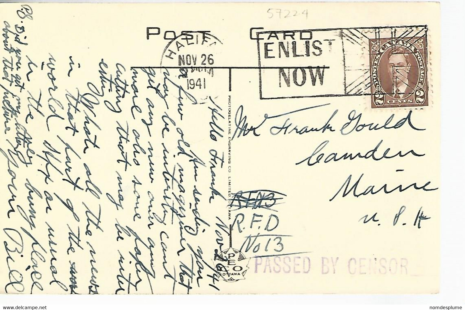 57224) Canada CNR Station Halifax NS Censor Postmark Cancel 1941 - Halifax