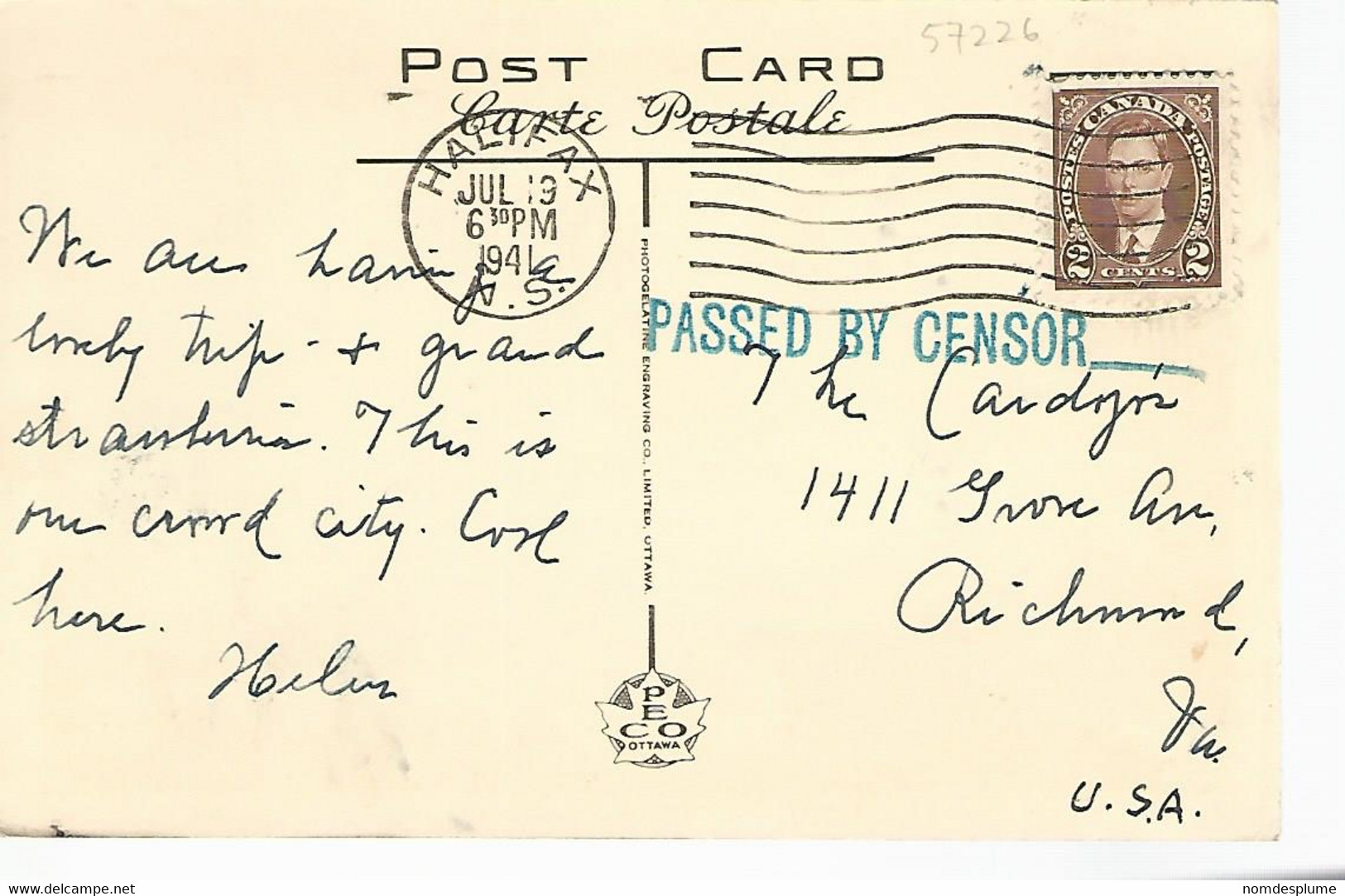 57226) Canada Public Garden Halifax NS Censor Postmark Cancel 1941 - Halifax