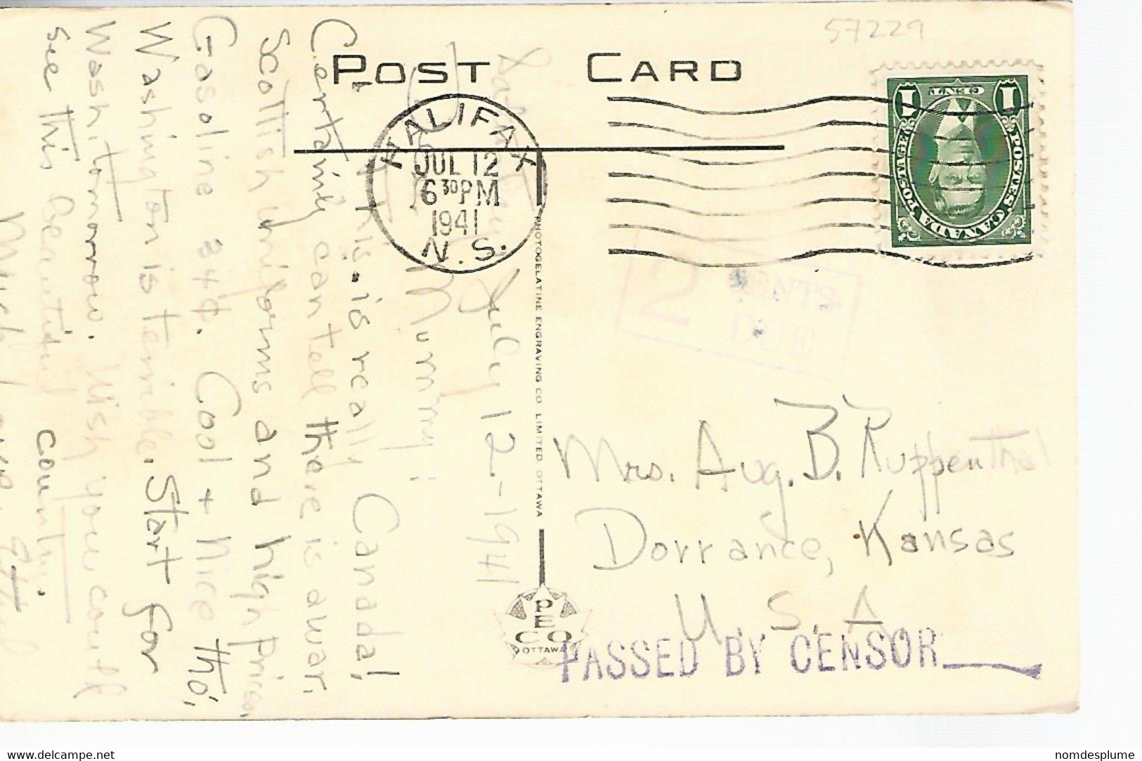 57229) Canada Provincial Parliament Buildings Halifax NS Censor Postmark Cancel 1941 - Halifax
