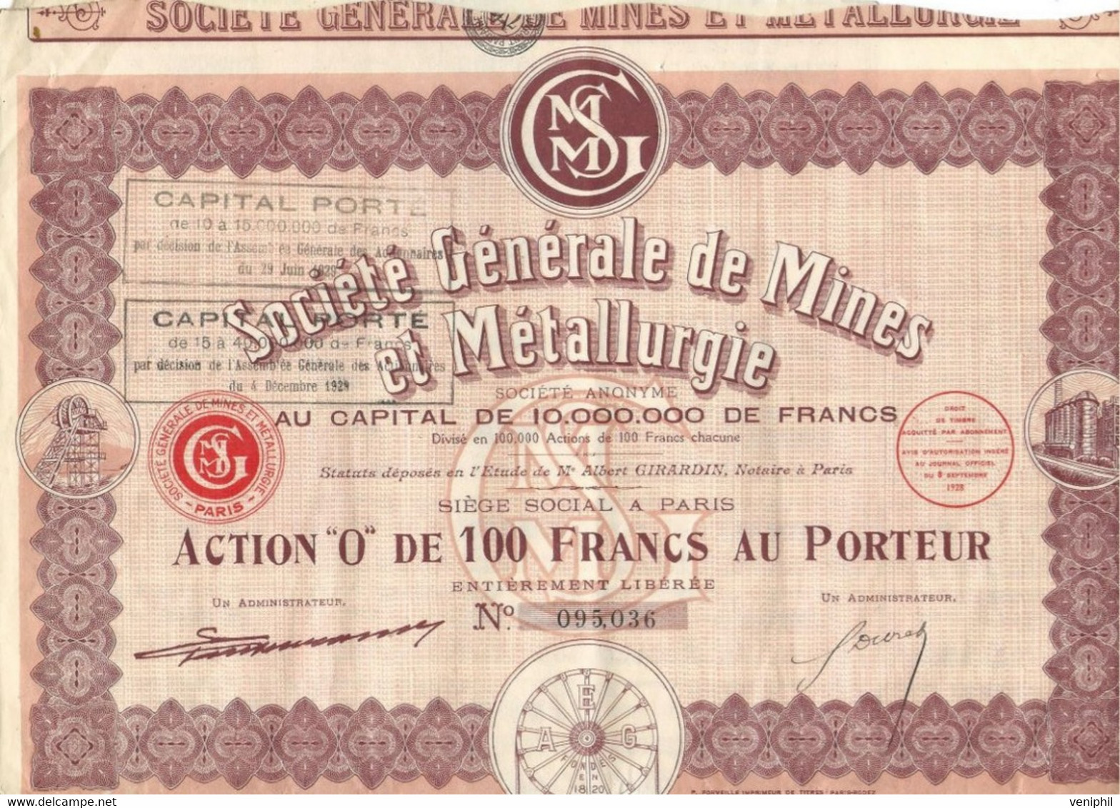 SOCIETE GENERALE DE MINES ET METALLURGIE -ACTION" 0 " DE 100 FRS -ANNEE 1928 - Mines