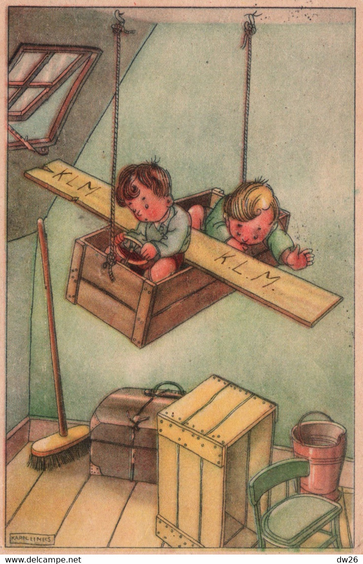 Illustration Karel Links - Enfants En Avion Bricolé (K.L.M.) - Links, K.L.