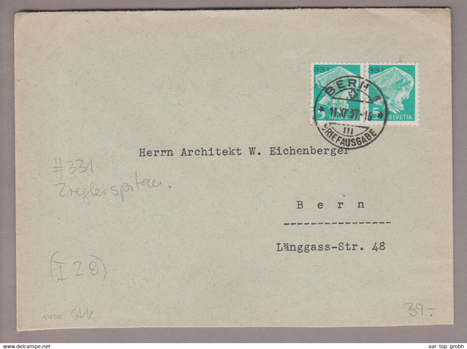 CH Portofreiheit Zu#8z Paar 5Rp. GR#331 Brief 1937-11-11 Bern Zieglerspital - Franchigia